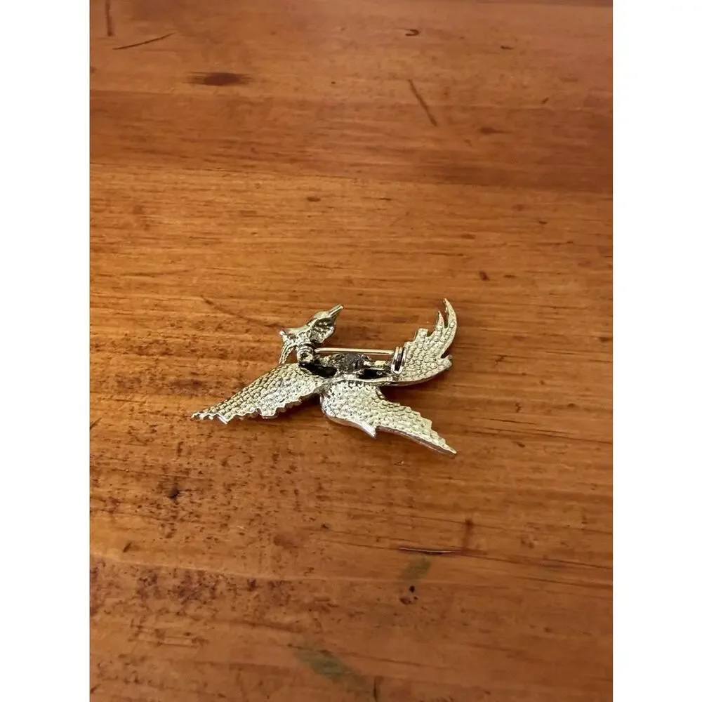 Vintage Phoenix Bird Rhinestone Brooch Gold Tone Black Enamel Figural Pin